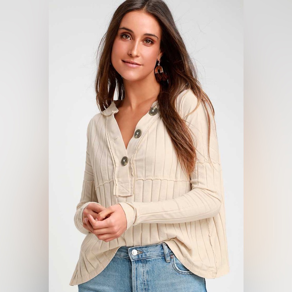 WE THE FREE In the Mix Ivory Ribbed Buttons Long Sleeve Top Size‎ Small Preppy